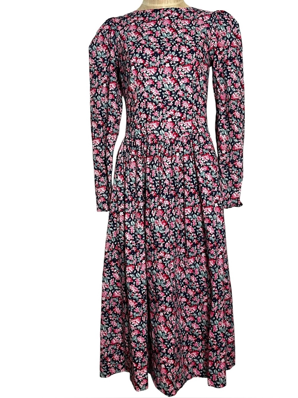 Vintage Laura Ashley Berry Floral Cotton Midi Dress Puff Sleeve Cottagecore 10